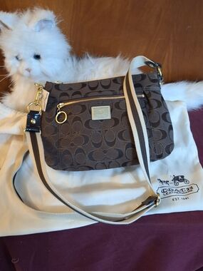 Coach Brown Signature Canvas Crossbody with Cream and Tan Striped Strap